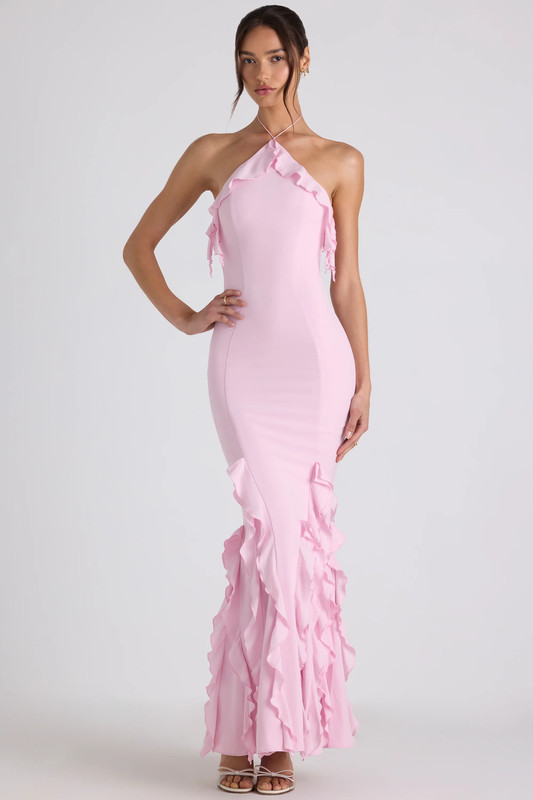 Ruffle-Trim Halterneck Gown in Soft Pink - UK Size:12